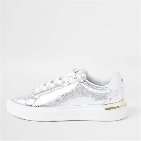 versace shiny silver shoe with white laces